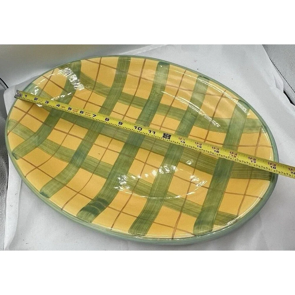 Vintage Alcobaca Portugal Hand Painted Oval Serving Platter Yellow Green 18.5”